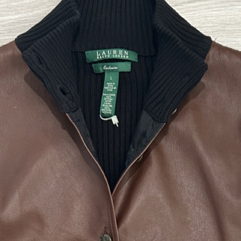 Lauren Ralph Lauren Brown Faux Leather Dark Navy (Black) Knit Cardigan - Picture 10 of 12